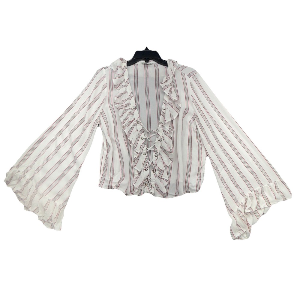 American Eagle Outfitters Women Blouse M White Stripe  Boho Laces Ruffle‎